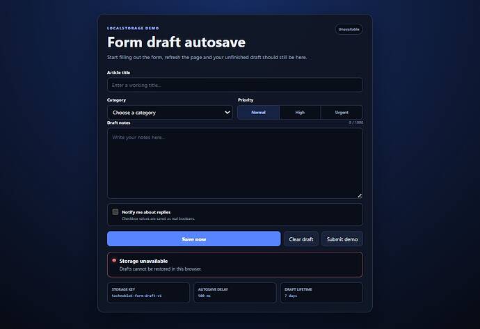 LOCALSTORAGE DEMO Form draft autosave