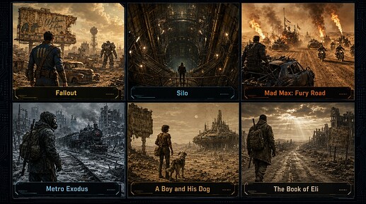 Fallout Silo Mad Max Fury Road Metro Exodus A Boy and His Dog The Book of Eli