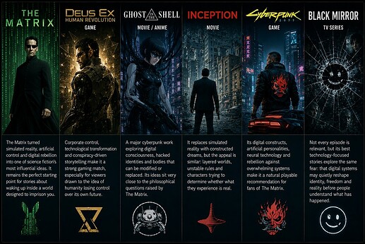 The Matrix Deus Ex Human Revolution Ghost in the Shell Inception Cyberpunk 2077 Black Mirror