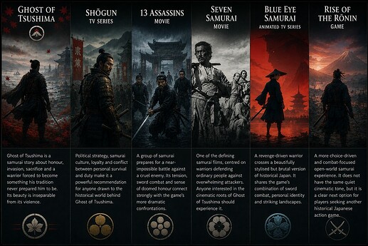 Ghost of Tsushima Shōgun 13 Assassins Seven Samurai Blue Eye Samurai Rise of the Ronin