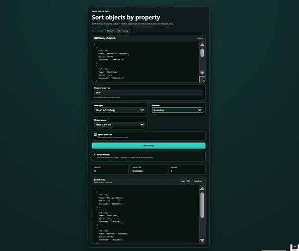 JSON ARRAY TOOL Sort objects by property