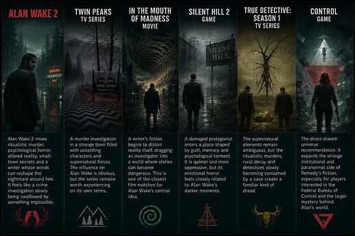 Alan Wake 2 Twin Peaks In the Mouth of Madness Silent Hill 2 True Detective Season 1 Control