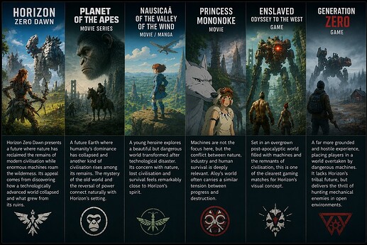 Horizon Zero Dawn Planet of the Apes Nausicaä of the Valley of the Wind Princess Mononoke Enslaved Odyssey to the West Generation Zero
